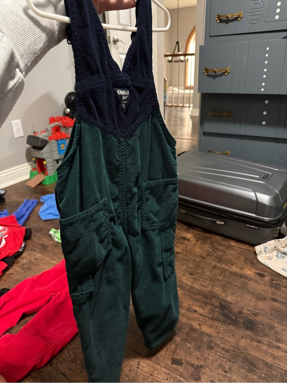 OshKosh B'gosh Dark Green Corduroy Kids Overalls with Navy Accents - Picture 4 of 5
